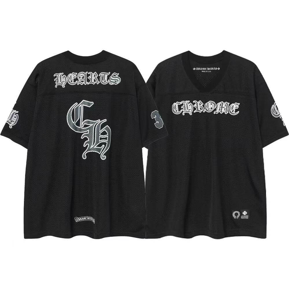 【Chrome Hearts】クロス スクロール メッシュ フットボールシャツ Vネック 半袖Tシャツ オーバーサイズ メンズ レディース 男女兼用 1 【Chrome Hearts】クロス スクロール メッシュ フットボールシャツ Vネック 半袖Tシャツ オーバーサイズ メンズ レディース 男女兼用