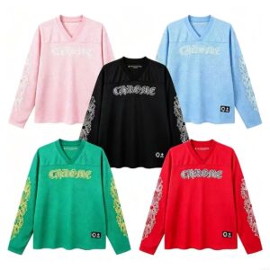 【Chrome Hearts】クロス スクロール メッシュ フットボールシャツ Vネック 長袖Tシャツ オーバーサイズ メンズ レディース